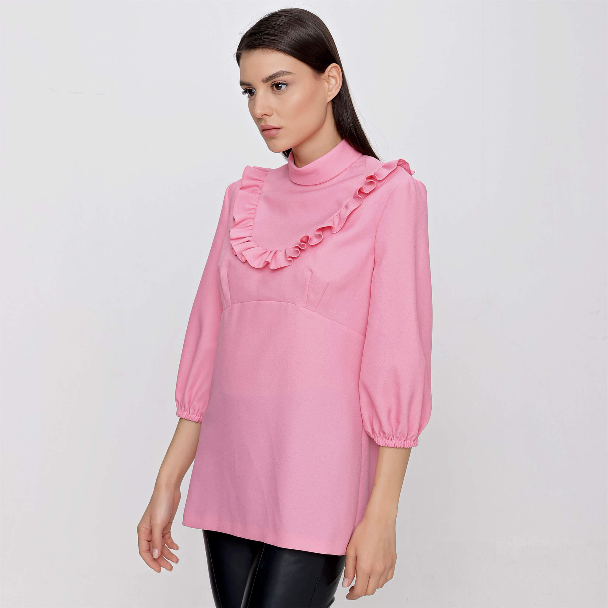 Miu Miu - Pink Ruffle Neck Long Sleeves Shirt 